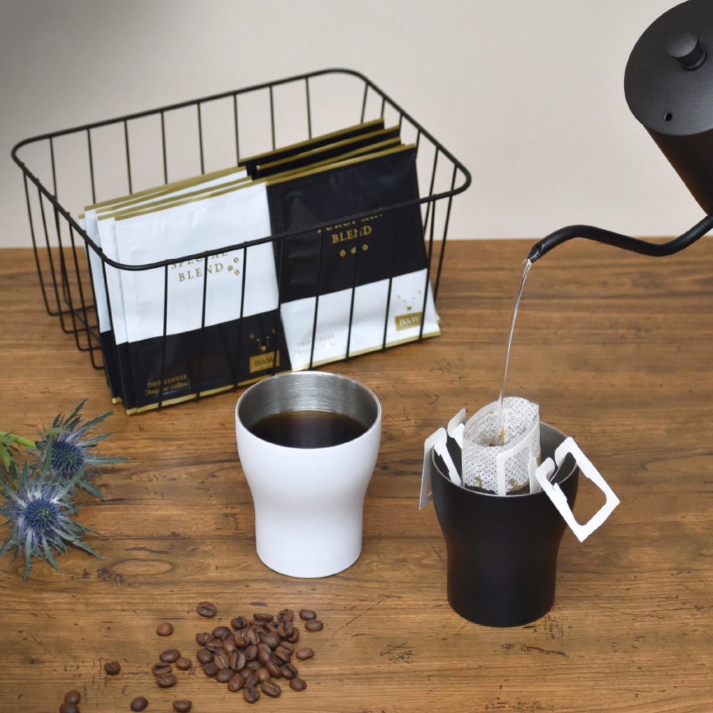 B&W カゴ入り二重構造カップ2P＆コーヒーセット